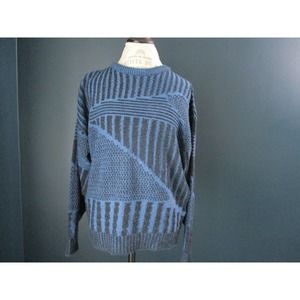 Vintage Men's 90s Blue Black Printed Knit Long Sleeve Crew Neck Sweater Medium